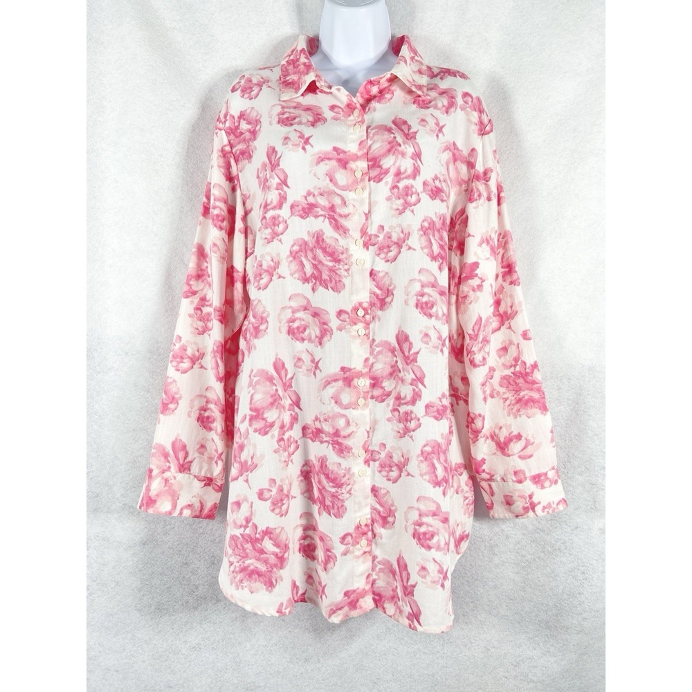 Soft Surroundings Shirt Women's XL Pink White Tunic Button Up Floral Boho Chic